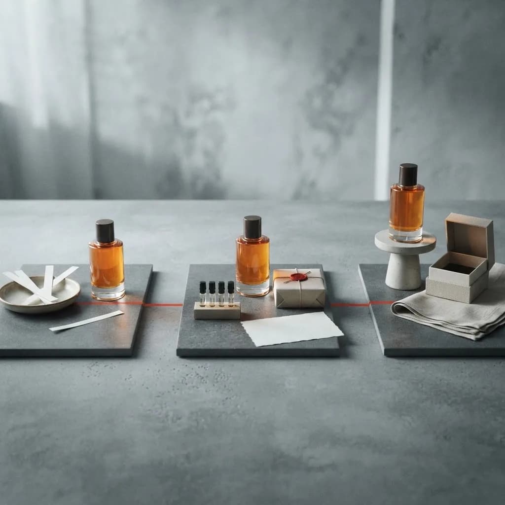A fragrance brand progressing through audience, sampling, and retail market-entry stages