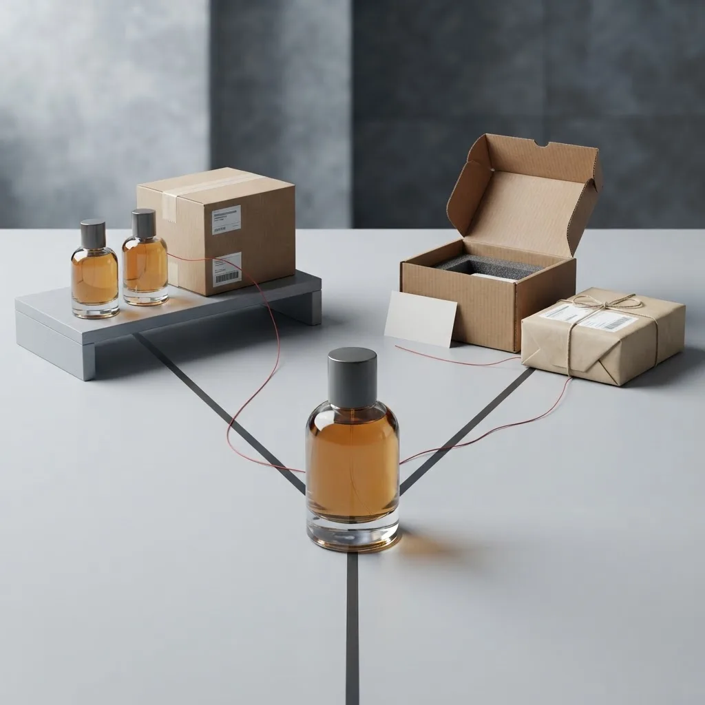 A fragrance bottle shown between selective retail and direct-to-consumer routes