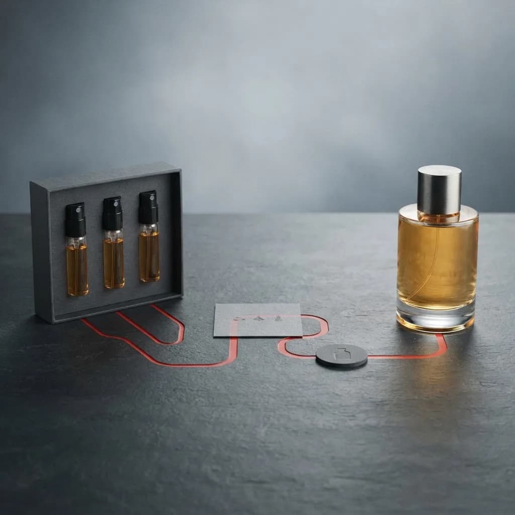 A discovery set connected to a full-size fragrance bottle through a clear conversion path